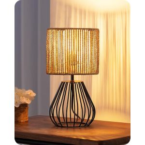 Lampe De Chevet Vintage, Boho Abat-Jour Tiss&eacute;e &Agrave; La Main Et Base Cage En Fer, E14 Led Ampoule Incluse, Lumi&egrave;re De 2700k Blanc Chaud, Lampe De Table Industriel Pour Chambre, Salon, Bureau - Neuf