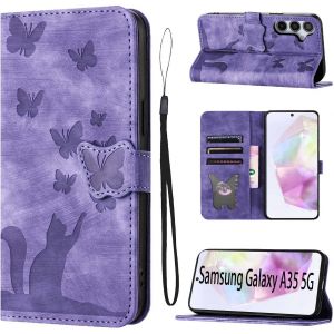 Kal-Housse Protection Pour Samsung Galaxy A35 Matériau En Cuir Pu Coque Samsung A35 5g Avec Fentes Pour Cartes Étui Motif Papillon Chat Coque Samsung A35 Violet - Neuf