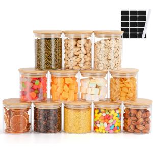 Tianyi-Lot De 12 Bocaux Rangement En Verre Hermétique,300 Ml/400 Ml,Bocaux En Verre Avec Couvercle En Bambou,Récipient À Épices,Pot A Epices En Verre - Neuf