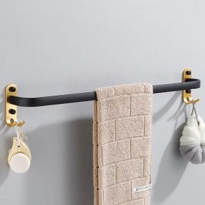 Porte Serviette Salle de Bain sans Percage Porte-Serviettes Murale Noir avec 2 Crochets Barre Serviette en Aluminium Cuisine Or Noir 1 Couche 50cm - Neuf