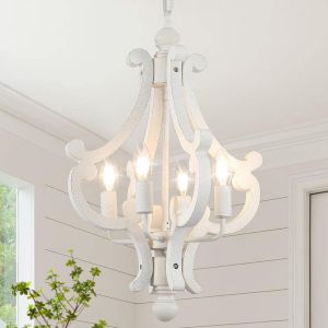 Lustre Blanc Vieilli,4 Lumières,Lustre Vintage En Bois,Lustre De Salon,Ferme,Rustique,Rustique,Salle À Manger,Plafonnier Pour Chambre À Coucher,Cuisine,Couloir E14 - Neuf