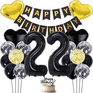 SJZG-Ballons D&eacute;coratifs Pour 22 Ans - Pour Femmes Et Hommes - Noir - D&eacute;coration De G&acirc;teau Happy Birthday - Banni&egrave;re De F&ecirc;te - Neuf