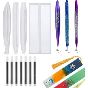 5 Pi&egrave;ces Moules De R&eacute;sine De Silicone Pour Stylo &Agrave; Bille - Kit De Bricolage Avec 3 Stylos Et 25 Recharges Pour La D&eacute;coration - Neuf