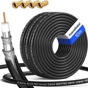 10m Câble Coaxial HQ-135 Câble d'Antenne 135dB Câble SAT 8K 4K UHD 4 Fois Blindé Pour les Systèmes DVB-S/S2 DVB-C/C2 DVB-T/T2 DAB+ Radio BK + 4 F-Plug GRATUIT - Neuf