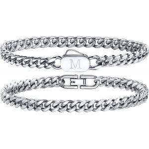 Eryi-Bracelets Initiales Pour Hommes, 2 Pièces Bracelet Lettres A-Z Bracelet Argent Homme Acier Inoxydable Bijoux Homme Personnalisé Cadeaux Pour Papa Petit Ami Mari Fils - Neuf