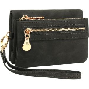 CAUC-Portefeuille Femme Petit Porte Monnaie Femmes en Cuir PU Court Porte Feuilles pour Femme avec 10 Porte-Cartes, Portefeuilles Femme avec Zipp&eacute; Pochette &agrave; Monnaie et Bracelet Amovible (Noir) - Neuf