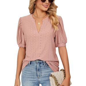 Utigh-Chemise Femme Chic Et Élégant Col En V Blouse Manches Courtes Bouffantes Tunique Été Casual Tops Amples - Neuf