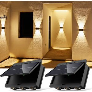 Lot De 2 Applique Murale Solaire Exterieur Ip65 Etanche Lumiere Solaire Exterieur 6 Led Up And Down Lampe Solaire Exterieur Pour Jardin Balcon Terrasse Escaliers (Blanc Chaud) - Neuf