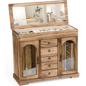 Jexnovashop-Bo&icirc;te &Agrave; Bijoux Femme, Rustique Grande Boite A Bijoux Bois Avec Miroir, 6 Couches Boite Rangement Bijoux Organisateur Pour Colliers, Boucles D'oreilles, Bagues, Bracelets (Marron Rustique) - Neuf
