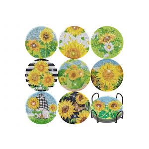 Lot De 8 Sous-Verres &Agrave; Peindre Avec Des Diamants Sur Le Th&egrave;me Des Tournesols, Avec Support. - Neuf