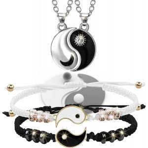 Kal-Collier Yin Yang Assorti Bracelets Ensemble, 1 Paire Yin Yang Tai Chi Collier Pour Homme Filles, 1 Paire Bracelets Bff, Couple Collier Bracelet, Bracelet &Agrave; Cordon Ajustable Yin Yang - Neuf
