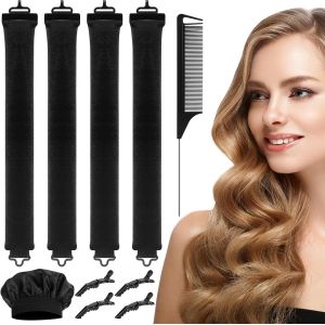 Lot De 4 Bigoudis Pour La Nuit, Avec Bande Sans Chaleur, En Caoutchouc, Sans Chaleur, Avec Crochets, Pour Tous Les Types De Cheveux, Noirs - Neuf