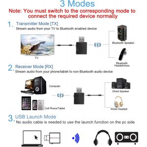 SUBZONAL-Bluetooth Adaptateur 5.0, Adaptateur 3-en-1 Bluetooth Émetteur-Récepteur USB sans Fil avec 2X Câble Audio 3.5 mm pour TV/PC/Écouteurs/Systèmes Audio de Voiture/Maison(Noir) - Neuf