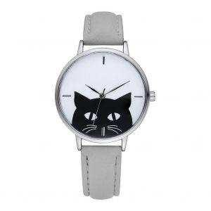 Gaiety Pu Strap Femmes Montre Mignon Chat Motif Rond Bo&icirc;tier Analogique Quartz Montre-Bracelet Gris - Neuf