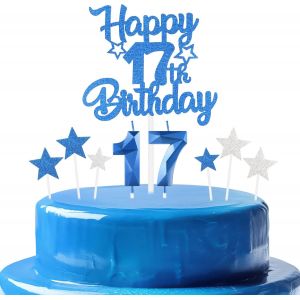 Ensemble De Bougies Bleues Royales Pour 17e Anniversaire De Garçons,Bougie Bleue Royale Numéro 17 Pour Gâteau,Décorations De Cupcakes Personnalisées Avec Étoile Pour Fille Et Garçon - Neuf