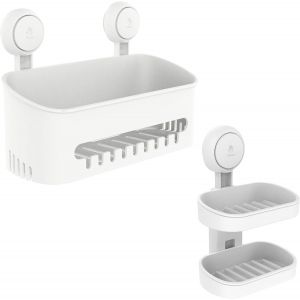 Panier de rangement à ventouse pour salle de bain + porte-savon double couche, sans perçage, amovible, accessoires de douche pour salle de bain, cuisine, salle de bain V - Neuf