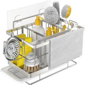 Cauc-Porte-&Eacute;ponge Pour &Eacute;vier De Cuisine, Porte-&Eacute;ponge En Acier Inoxydable Pour &Eacute;vier De Cuisine, Porte &Eacute;ponge &Eacute;vier, Avec Bac De Vidange Pour Rangement De Comptoir De Salle De Bain, Argent - Neuf