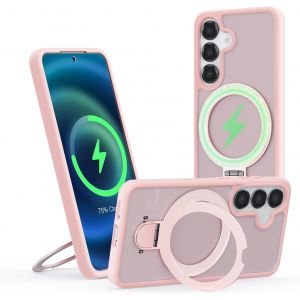 TRAHOO-Coque pour Samsung Galaxy S24FE avec Support, MagSafe Compatible &Eacute;tui Rotatable Kickstand, Anti-Rayures PC Dur Housse Arri&egrave;re Mat Translucide Protection Case avec Anneau Ajustable Rolatif, Ros - Neuf