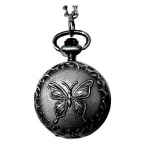 Collier Pendentif En Forme De Montre &Agrave; Gousset- Sautoir Motif Papillon En Relief .Couleur Noir - Neuf