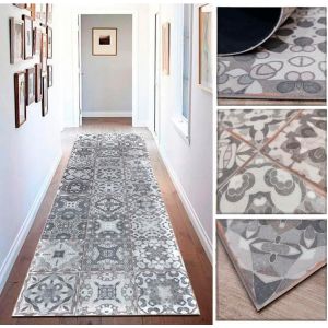 Kal-Tapis En Vinyle Avec Motif Floral Vintage Gris Vieilli Et Blanc Pour Cuisine, Buanderie, Couloir, Toilettes, Chambres Avec Envers Pvc Antidérapant, 60 X 80 Cm. - Neuf