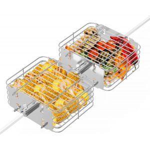 2 Paniers de Cuisson pour Barbecue en INOX, Panier &agrave; Barbecue Rotatif pour Rotisserie, L&eacute;gumes, Poulet, Poisson, Griller Panier pour BBQ Grill Barbecue &agrave; Gaz - Neuf