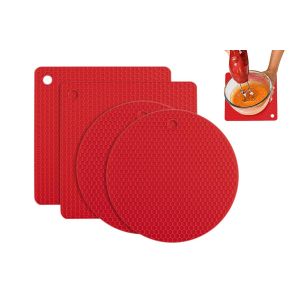 Ensemble De Dessous De Plat En Silicone - 2 Ronds Et 2 Carr&eacute;s, R&eacute;sistants &Agrave; La Chaleur Et Antid&eacute;rapants, Pour Plats Chauds - Rouge - Neuf