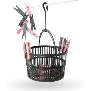 Panier télescopique anthracite (7 cm x 19 cm) avec 30 pinces à linge en rose + anthracitepour cordes à linge, étendoir à linge rotatif - Neuf