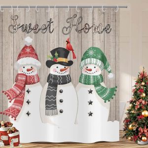 CHENG-Rideau de Douche de Noël 180x200 cm, Grain de Bois rétro Mignon Rouge Vert Chapeau Noir Bonhomme de Neige Lavables Textile Rideau Douche imperméable pour Baignoire avec 12 Crochets - Neuf