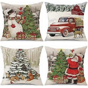 2024 Ensemble De 4 Housses De Coussin De Noël,Housses De Coussin Décoratives En Lin,Housse De Coussin Du Père Noël,Taie D'oreiller Décorative Pour Canapé,Canapé,Chambre L - Neuf