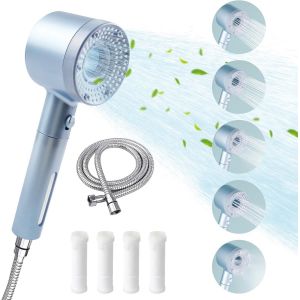 CAP-Pommeau de Douche Haute Pression, Cinq Niveaux Réglables Pommeau de Douche, avec Fonction D'Arrêt Pommeau Douche, Pommeau Douche Economie Deau,avec Tuyau, Avec 4 Morceaux Coton Filtre (Argent) - Neuf