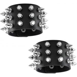 Kal-Bracelet Punk Orn&eacute;, 3 Pi&egrave;ces De Rivets En Cuir Noir Gothique Rock, Brassard R&eacute;glable Pour Hommes Femmes Cosplay Party - Neuf