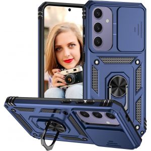 TRAHOO-Coque pour Samsung Galaxy S24 FE 5G Étui, Protecteur de Caméra, Armure Rigide Housse Metal Anneau Magnetic Support Étui, PC Dur et TPU Silicone Antichoc Anti-Rayures Case Bleu - Neuf