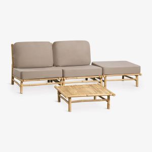 Ensemble De Jardin Avec Canap&eacute; Modulaire 2 Pi&egrave;ces, Pouf Et Table Basse Carr&eacute;e 75x75 Cm En Bambou Isendra - Neuf