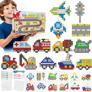 KALANKA-Lot de Perles Repasser de 10mm, 15 Couleurs 1250 Pièces Perles Thermocollantes XL avec Panneau Perforé, 12 Motifs D'circulation, Ensemble Perles Créatives Cadeau Artisanal pour Enfants Partir - Neuf