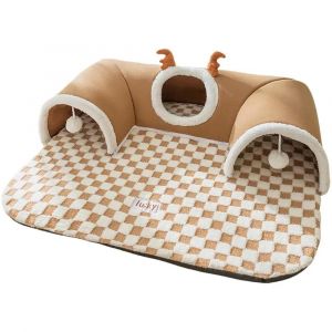 Lit Confortable Pour Chat Avec Tunnel,Maison Pour Chat,Tapis De Maison,Chenil Pour Animaux De Compagnie,Activités Pour Chat,Lit Tunnel,Bois Chaud,Nid De Grotte Peekaboo,Tub.01. - Neuf