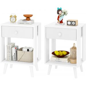 SUBZONAL-Table de Chevet, Lot de 2, Table d'Appoint, Commode de Chevet, Tiroir en Tissu, &Eacute;tag&egrave;re Ouverte, Pieds Massifs en Bois, Moderne, Structure Simple, pour Chambre, Salon, Blanc HST012W-2 - Neuf