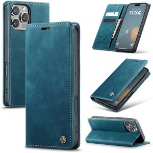 Iphone 16 Promax 5g Premium Leather Flip Case Cover With Card Slot And Stand Function - Blue Green - Neuf