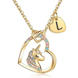 Kal-Collier De Licorne Pour Filles, Collier De Pendentif Coeur Plaqué En Or 14 Carats Pour Filles, Avec Cz Colorée Et Un Pendentif Coeur Initial - Neuf