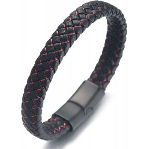 Trahoo-¿ Veille De Nuit ¿ Le Bracelet De L`Homme En Cuir Véritable Noire Cordon Rouge/Bleu Fermoir Magnétique Titane 21.5cm Avec Le Boîte-Cadeau Gratuit - Neuf