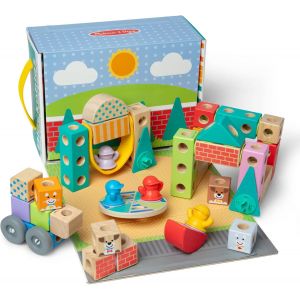 lbgwp60-Blockables À Emboîter, Ville, Coffret De Blocs En Bois De Construction À Assembler Et Mélanger, Pour Les Tout-Petits (73 Pièces) - Neuf