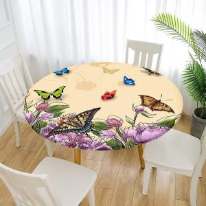 Sjzg-Nappe Ronde Anti Taches, Imprim&eacute; Papillon Nappe De Table Avec Bord &Eacute;lastique Ajust&eacute;e, Imperm&eacute;able Polyester Couverture De Table De Pour Cuisine Jardin F&ecirc;te (Beige,Diam&egrave;tre 90cm) - Neuf