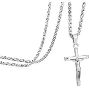 Trahoo-Collier Hommes, Collier Crucifix Pendentif Croix, Jésus-Christ Pendentif Pour Hommes Femmes, Acier Inoxydable Croix D'argent Idées Cadeaux Pour Ami - Neuf