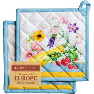 TIANYI-Giverny Lot de 2 maniques 100% Coton avec Boucle résistante à la Chaleur pour Barbecue, Cuisson, Micro-Ondes, Printemps/été (20cm x 20cm) - Neuf