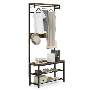 Porte-manteau avec banc et rangement chaussures 80 x 32 x 169 cm multifonctionnel style industriel en bois d'ing&eacute;nierie brun rustique Helloshop26 20_0017876 - Neuf