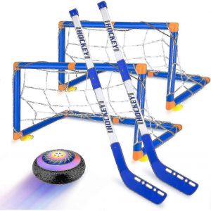 Ensemble de hockey sur coussin d'air pour ballon volant, cadeaux de hockey en salle amusants pour toute la famille, jouets pour enfants, jeu de hockey sur coussin d'air avec 2 buts et lumi&egrave;re LED - Neuf