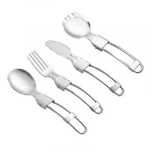 Couverts Pliants, 4 Pi&egrave;ces Pliantes Couteau Ext&eacute;rieur Cuill&egrave;re &Agrave; Fourche En Acier Inoxydable (Argent) - Neuf