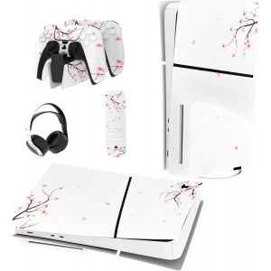 Eryi-Autocollant Protection Pour Ps5 Slim Standard Console, Sticker Skin Pour Ps5 Manette & Télécommande & Casque & Station De Charge,Disc Edition-Fleurs De Cerisier Tombe - Neuf