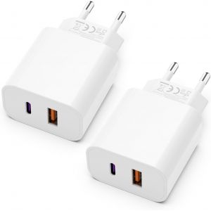 Chargeur USB C 25W mit Chargeur USB [ 2 in 1 ] 2er Pack Chargeur Rapide f&uuml;r iPhone/iPad/Casque/Adaptateur Pratique Mehrfach Ladestecker, PD 3.0 Chargeur iphone, Pas de c&acirc;ble - Neuf