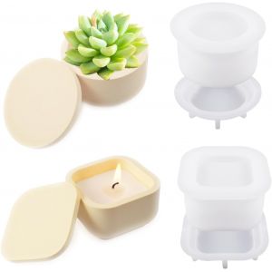 Lot De 2 Moules En Silicone Avec Couvercle En R&eacute;sine &Eacute;poxy - Moule En Silicone - Pour Couler Des Bougies Parfum&eacute;es - Neuf