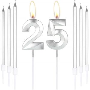 Lot De 6 Bougies D'anniversaire Argentées En Forme De Chiffre 25 Pour Gâteau Avec 6 Bougies Longues Et Fines,Décoration De Gâteau Pour Fille Et Garçon,25e Anniversaire De Mariage - Neuf